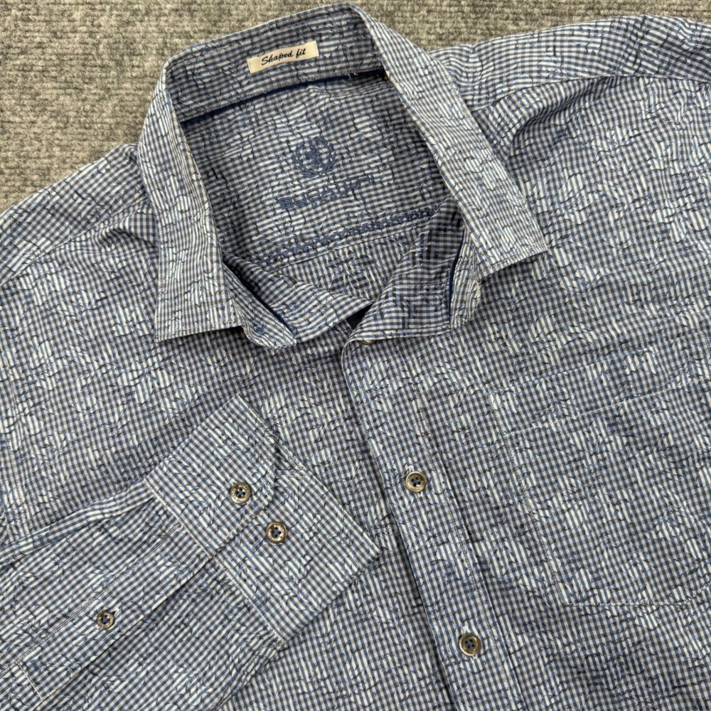 Bugatchi Men's Shaped Fit L/S Button up Shirt Blue Gingham Pattern Size XL